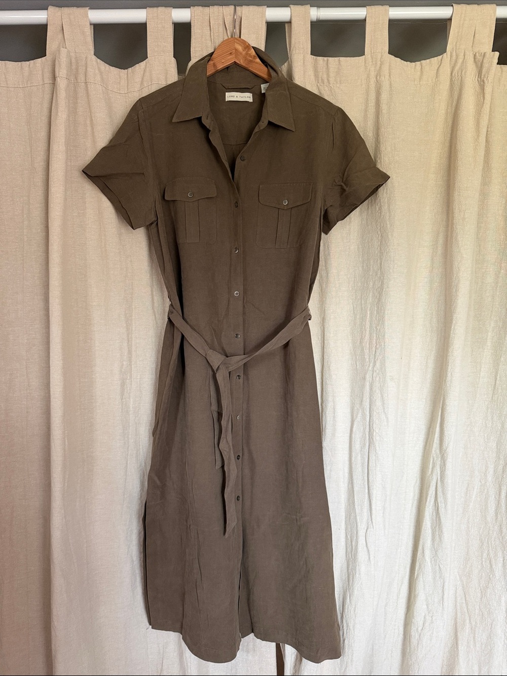 Lord & Taylor Olive-Brown Midi Silk Linen Shirt Dress with Waist Tie